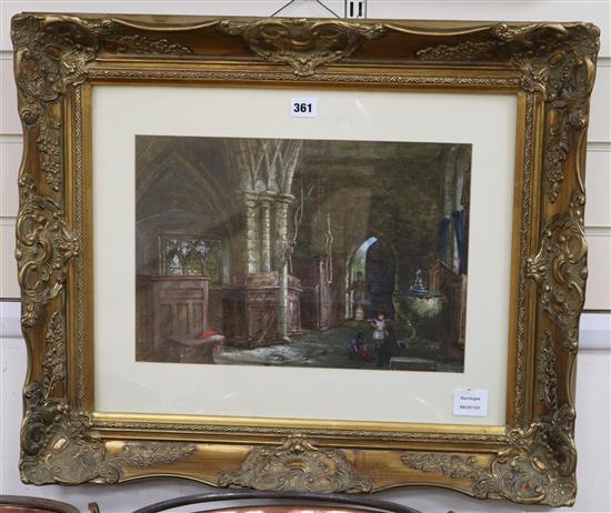 19th century English School, watercolour, Church interior 28 x 40cm.